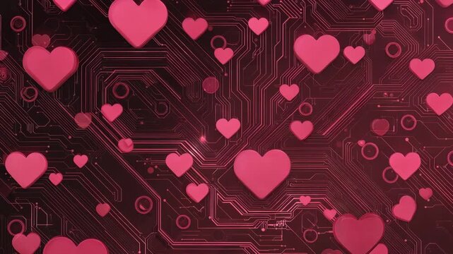 Digital hearts dance across a motherboard circuit background, creating an abstract and imaginative scene, symbolizing connection and the digital age of love.