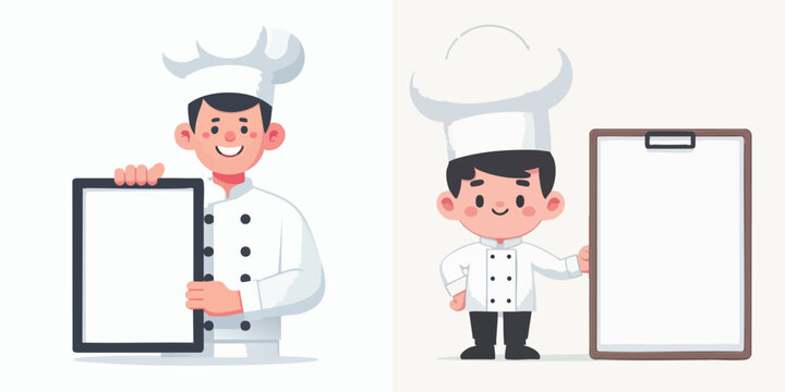 Cartoon chef holding clipboard smiling.