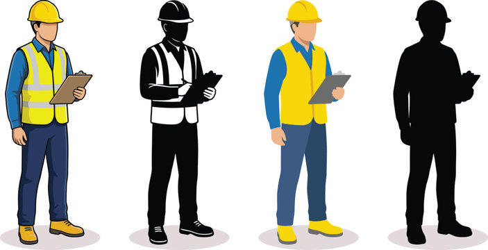 Construction engineer worker with clipboard wearing safety helmet and reflective vest isolated vector character set for industrial inspection