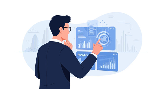 Businessman analyzing digital data on futuristic interactive screen