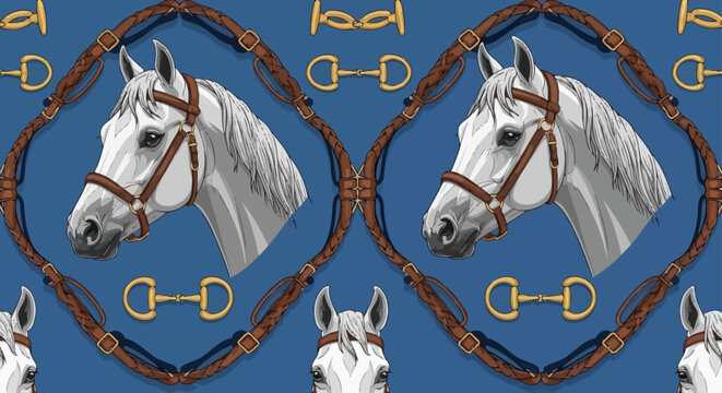 elegant white horse head with brown bridle and equestrian bits seamless pattern