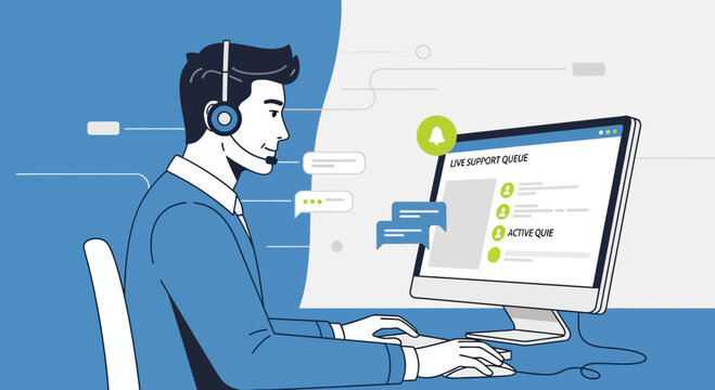 Customer Service Agent with Headset Using Computer for Live Support Queue