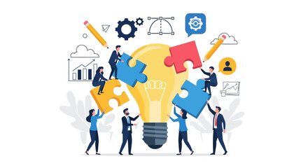Naklejka premium business team collaborating building a big idea with puzzle pieces around a light bulb symbolizing innovation and problem solving.