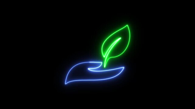 hand and leaf care icon Animation, glowing neon sign