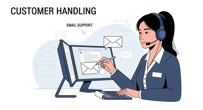 Customer Support Operator with Headset at Computer, Email Communication