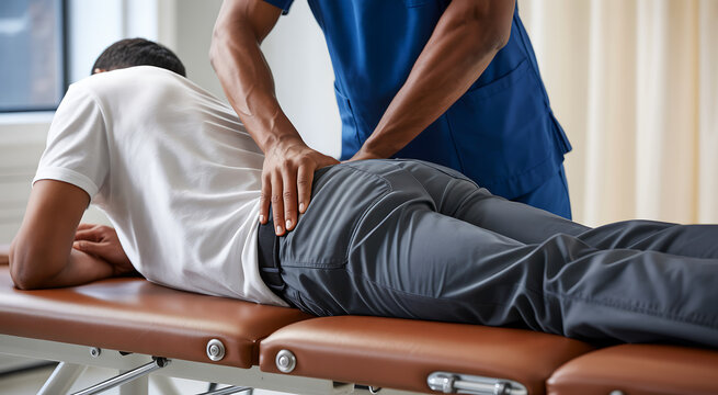 Physical Therapist or Chiropractor Treating Lower Back and Hip Pain of Male Patient on Massage Table