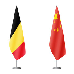 Naklejka premium Belgium and China flags on flagpoles for official ceremonies and meetings, transparent background vector