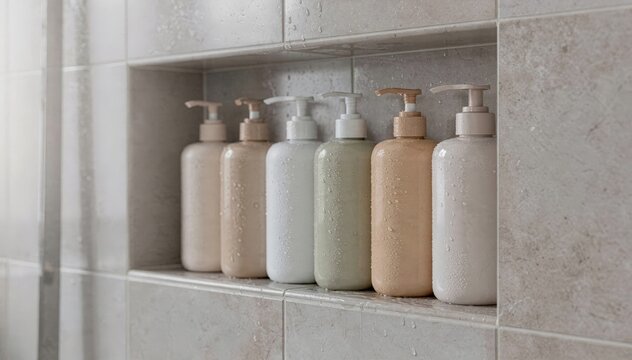 Medium view of a tiled shower niche filled with neatly arranged shampoo and conditioner bottles subtle water droplets on smooth tiles in focus creating a refreshing and hygienic