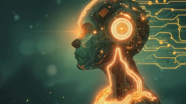 A futuristic portrait of an artificial intelligence entity, with glowing circuitry illuminates the complex network within, symbolizing the power of human technology.