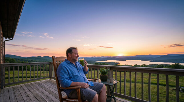 A young man sits alone on a park bench at sunset, gazing at the vibrant sky and distant water during a peaceful summer travel vacation in nature