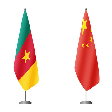 Cameroon and China flags on flagpoles for official ceremonies and meetings, transparent background vector