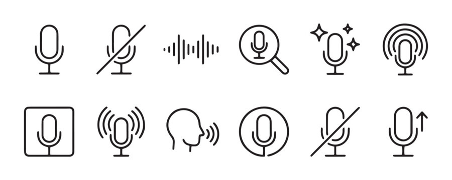 Microphone and Audio Line Icons Set with Voice Recording Podcast and Sound Symbols