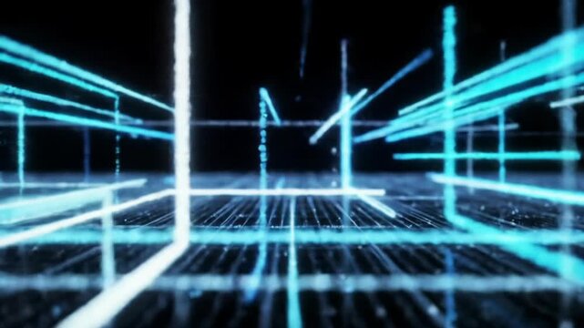 Luminous electric blue, cyan, and white energy lines flow and converge across a shimmering holographic grid in a vast obsidian-black digital void with a dolly video and shallow depth of field,