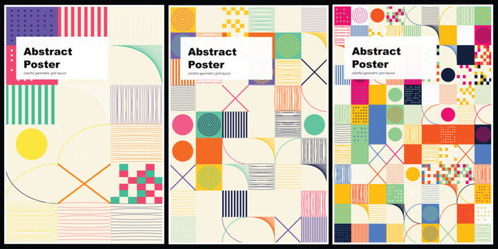 Vibrant abstract poster designs with geometric shapes and colorful patterns