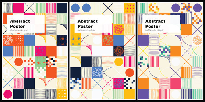 Vibrant abstract poster designs with colorful geometric patterns and shapes