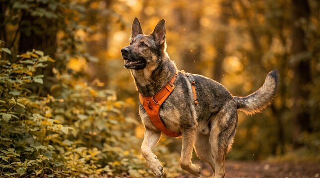 Energetic German Shepherd dog running joyfully in autumn forest sunny nature background with bokeh light hiking companion wearing orange harness outdoors