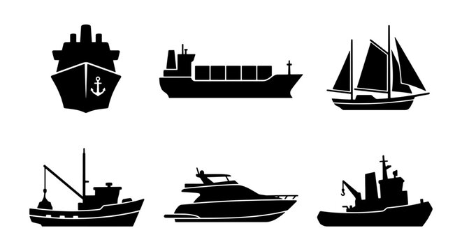 Set of 6 Black Silhouette Watercraft Icons: Cargo Ship, Sailboat, Yacht, Fishing Boat, Tugboat, Anchor Ship Vector Graphics for Maritime and Transport Concepts