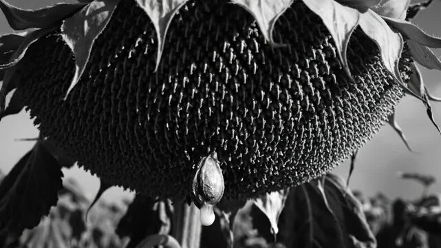 Black and white close up of a fully mature sunflower head dripping sap in a field of sunflowers