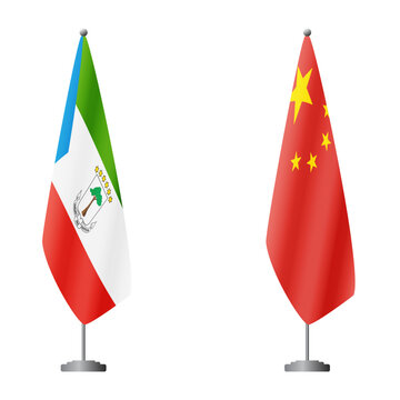 Equatorial Guinea and China flags on flagpoles for official ceremonies and meetings, transparent background vector