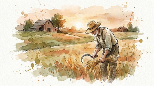 Sketch painting of  A farmer harvests wheat in a golden field at sunset near a rustic barn