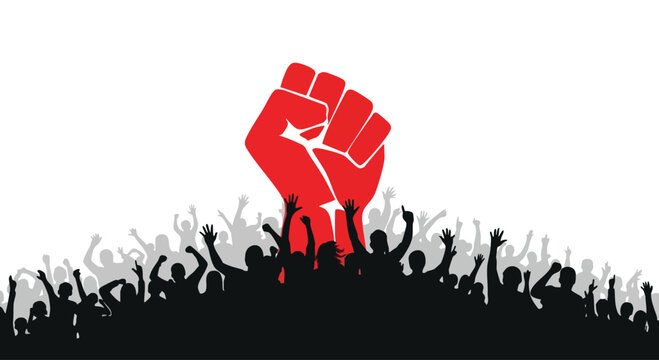 Worker solidarity vector illustration of a raised fist and crowd in unity, symbolizing workers' unity and raised fist