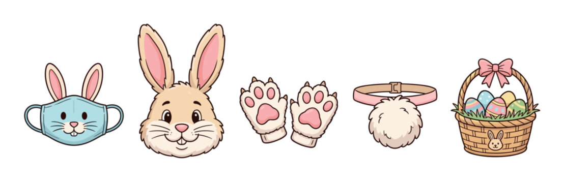 Rabbit and Easter items collection featuring a face mask, bunny head, paws, tail, and an egg basket, perfect for spring holiday designs.