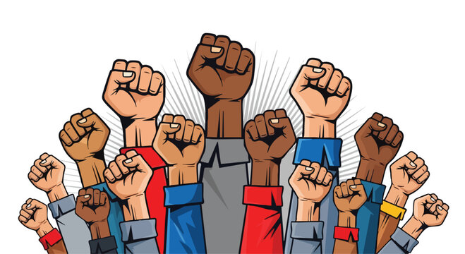 Diverse group of people showing worker solidarity with raised fists in unity and strength, a workers unity raised fist