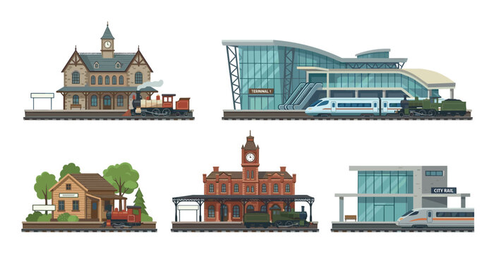 Train stations and trains of various architectural styles and eras are depicted in a charming collection of flat vector illustrations representing rail transport.