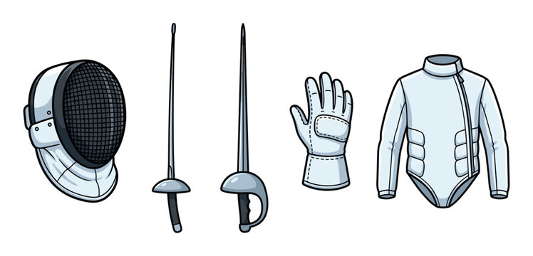 Fencing equipment collection includes mask, swords, glove, and jacket, representing the essential protective and offensive gear for the competitive sport.