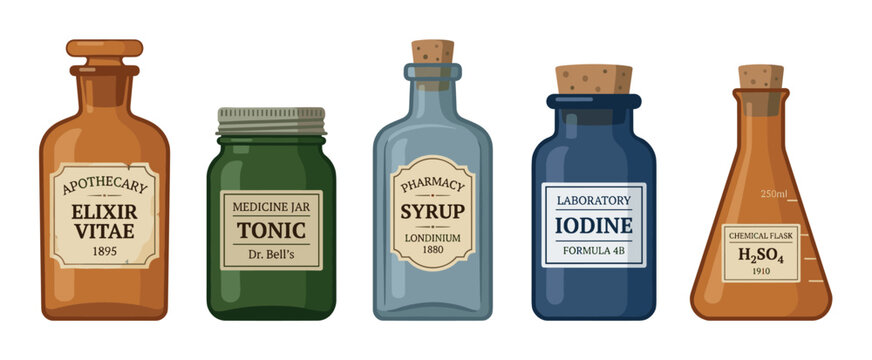 Vintage pharmacy bottles, medicine jars, and a chemical flask with old labels represent historical scientific and medical practices.
