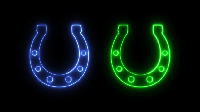 Horse shoe glowing neon sign on black