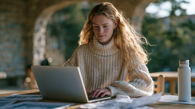 University data science student codes machine-learning climate models on a laptop in an open-air pavilion on campus, surrounded by printouts of carbon emissions graphs, a reusable water bottle besid