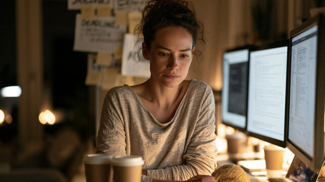 Software developer in her mid-thirties sits slumped at a standing desk in a dim home office at 2am, empty coffee mugs lined up beside three monitors, dark circles visible, a stress ball squeezed in 