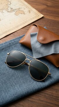 Aviator sunglasses with leather case and map