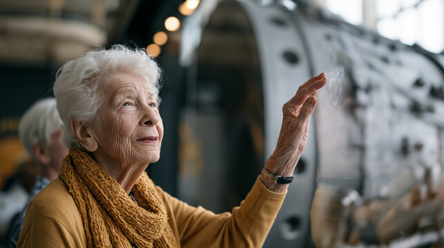 Retired aerospace machinist in her eighties touches the surface of a titanium turbopump blade displayed in a heritage aerospace museum exhibit case, her fingerprints smudging the glass as she explai
