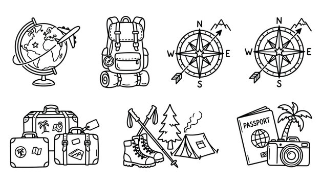 Travel Adventure Camping and Tourism Outline Icon Collection Black and White Editable Vector Set