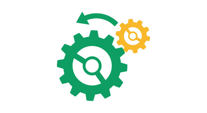 Green and yellow gears with an arrow indicating rotation and synchronization.