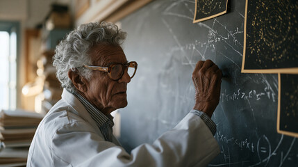 Fototapeta premium Elderly astrophysicist with thick-framed glasses and white lab coat writes orbital decay equations on a floor-to-ceiling chalkboard in a dimly lit university office, star charts pinned around his eq