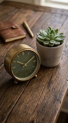 Fototapeta premium Desk with clock notebook and succulent plant