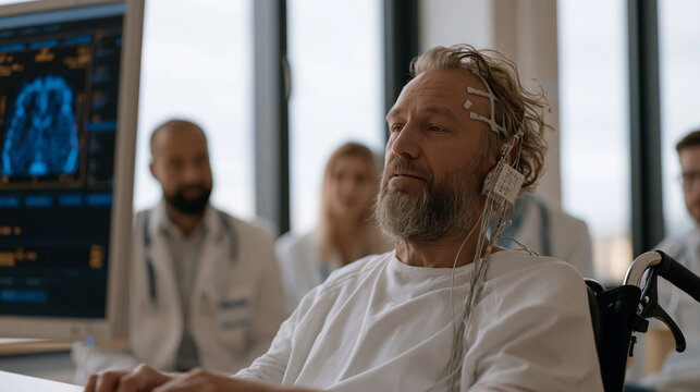 Brain-computer interface research team conducts a live trial in a neurology ward, a paralyzed subject using a cortical implant to type on a screen display, a circle of medical observers watching the