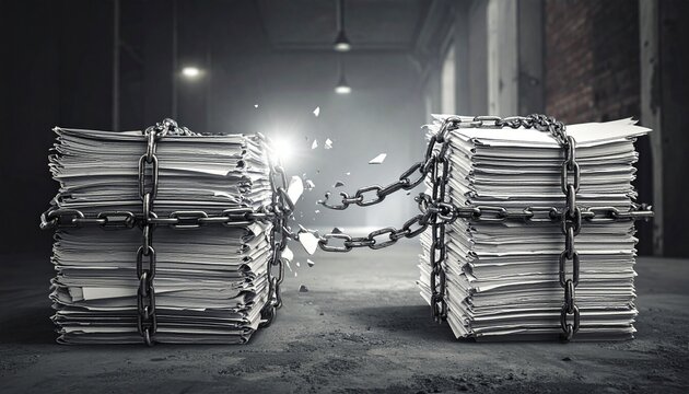 Stack of papers breaking chains symbolizing liberation and free expression