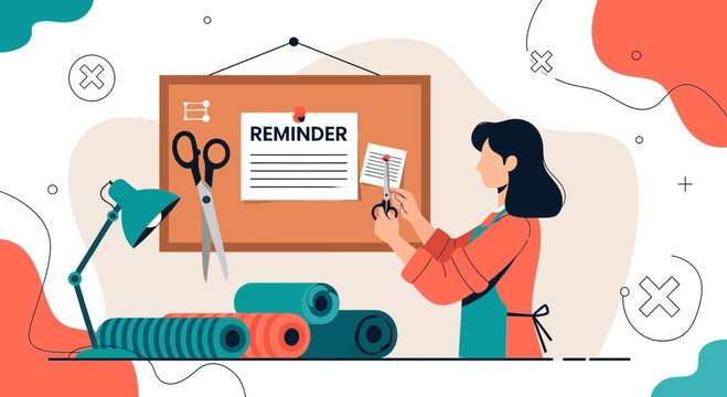Woman sewing reminder note on cork board with fabric rolls and lamp