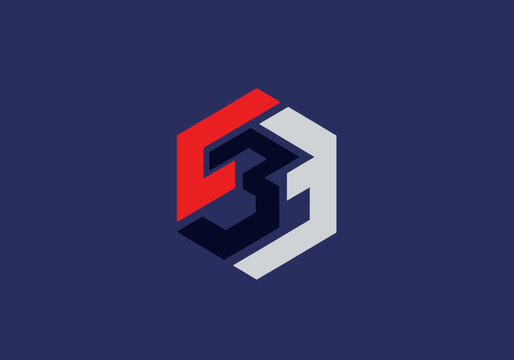 Modern number three monogram logo design in hexagon shape