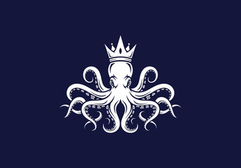 Royal white octopus wearing a crown on blue background © alpen