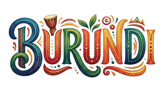 Decorative Burundi script illustration featuring the famous royal drummers, traditional basket weaving, coffee branches, and the national flag colors