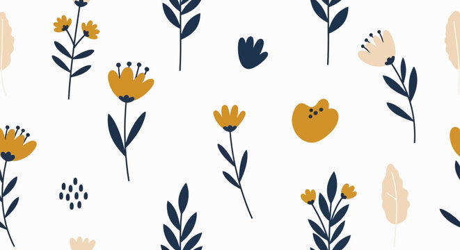 minimalist botanical floral pattern with scattered wildflowers and leaves on a white background ideal for fabric or digital paper design.