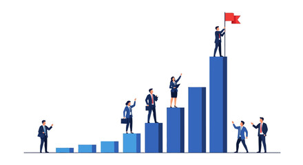 Fototapeta premium business success and career growth with professionals climbing an ascending bar graph illustrating team achievement leadership and goals.