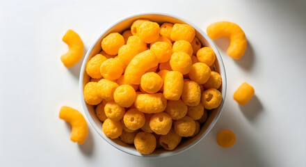 Fototapeta premium Bowl of bright yellow cheese balls on a white surface, close-up view