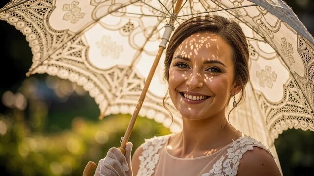 An elegant woman smiles warmly while holding a vintage lace parasol. Delicate shadow patterns from the sun are cast across her face. Classic beauty and romance concept