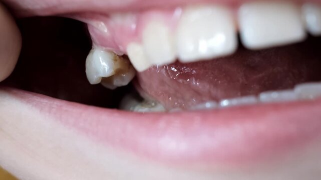 Child moves a milk loose tooth and presses on it with a tongue. Open mouth of a caucasian 9 year old kid. Posterior upper tooth remove. Changing teeth. Healthcare. Body part. High quality 4k footage.